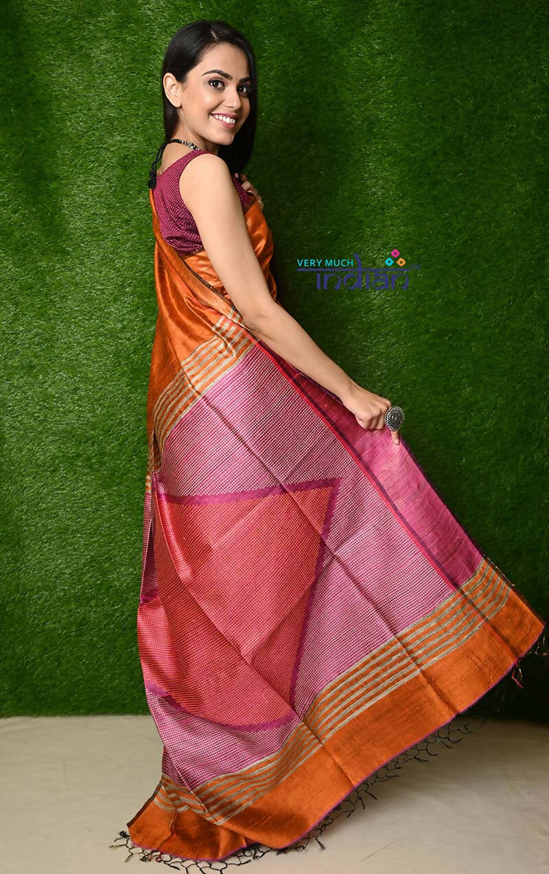 Very Much Indian Handwoven Raw Silk Dupion Saree - Orange With Pink Pallu | Grocsy