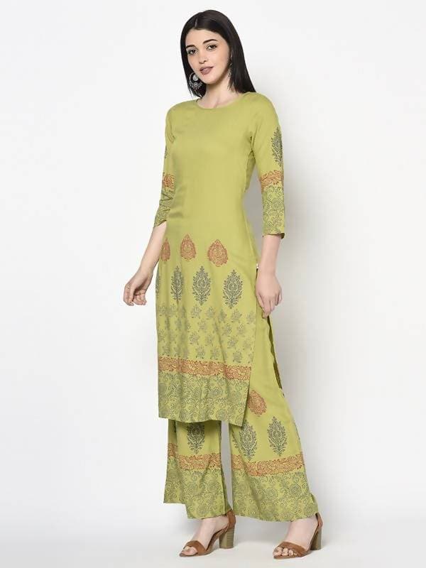 Aniyah Rayon Parrot Green Color Block Print Straight Kurta (AN-198K) | Grocsy