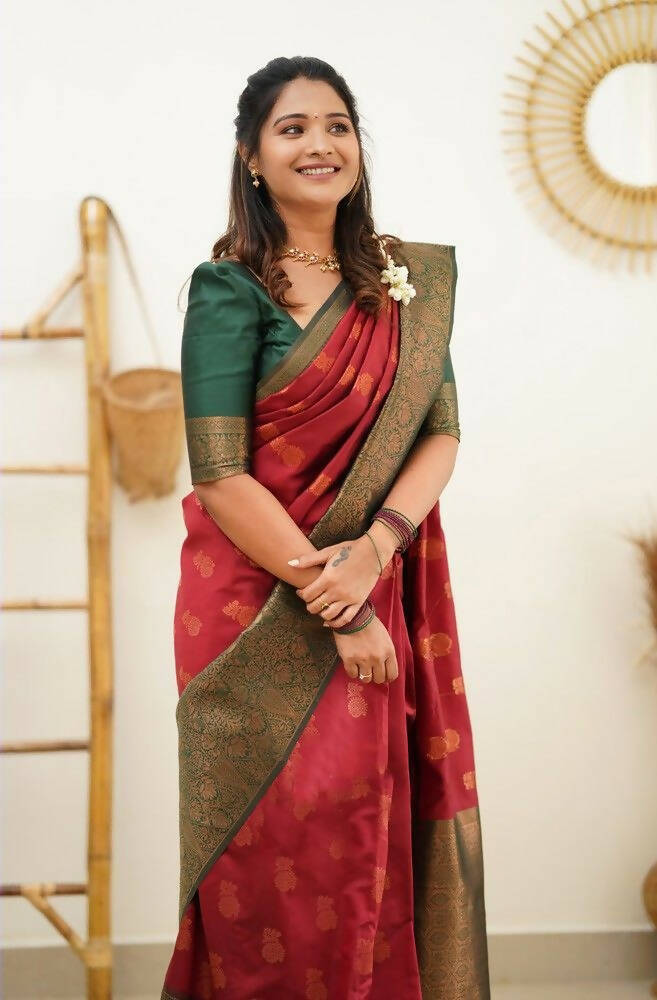 DEIANA'S Beautiful Designer Golden zari Soft Lichi Silk Saree - Red | Grocsy