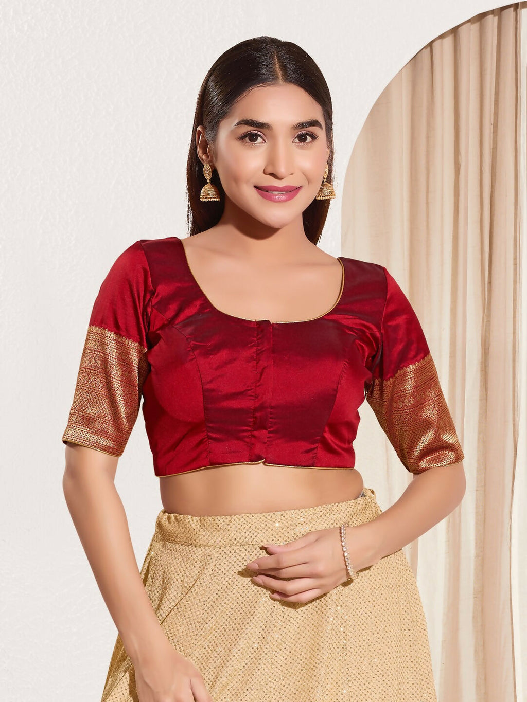 Joban Fashion Maroon Taffeta Silk Padded Blouse With Round Neck Elbow Sleeves | Grocsy