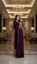 Joban Fashion Purple Kurta Set Velvet Embroidery Sequence Work | Grocsy