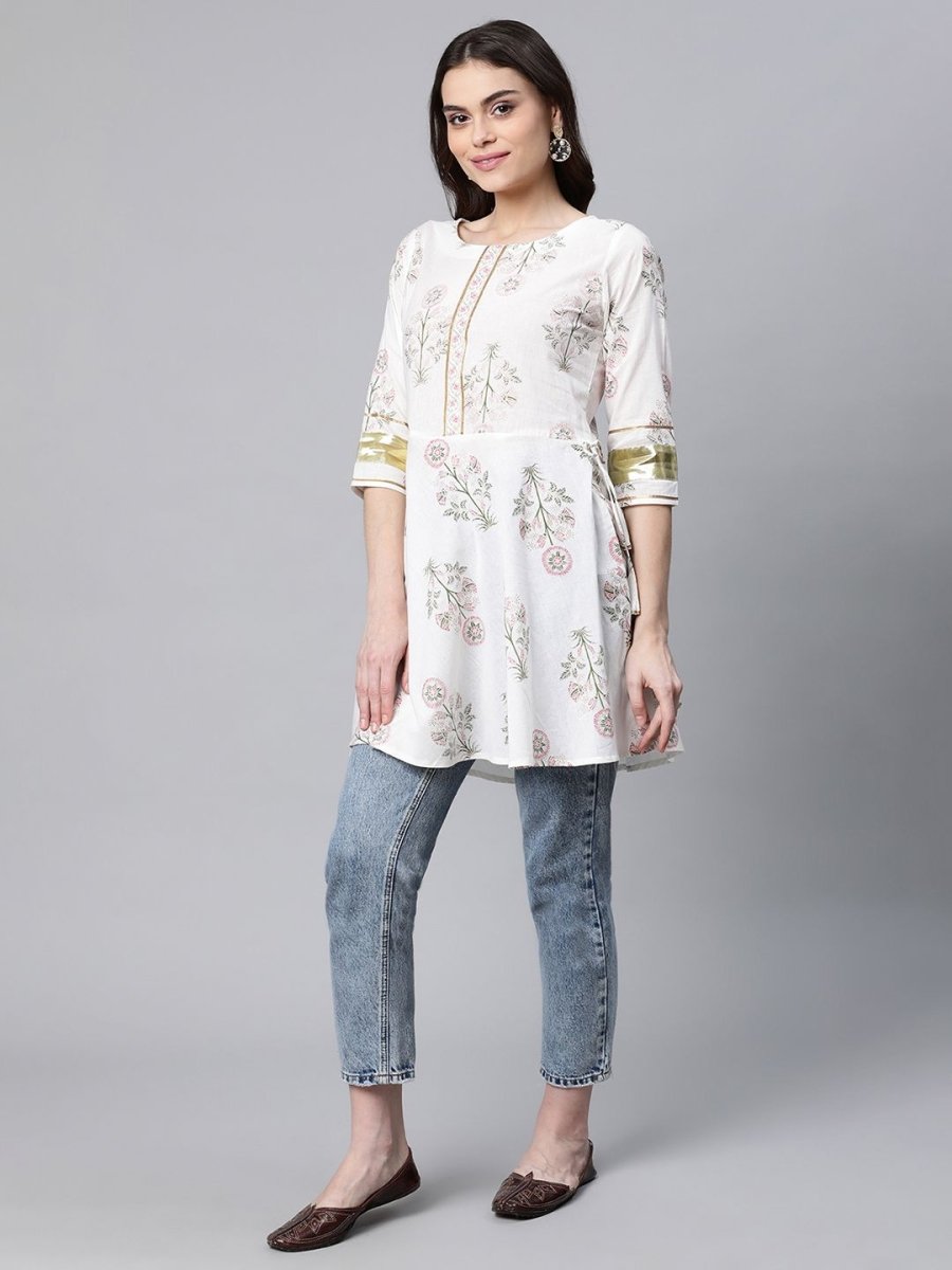 Ahalyaa Women Off White Pure Cotton Floral Printed Tunic | Grocsy