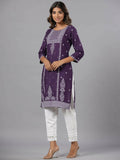 Juniper Women Purple Rayon Printed Knee Length Straight Kurta | Grocsy
