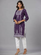 Juniper Women Purple Rayon Printed Knee Length Straight Kurta | Grocsy