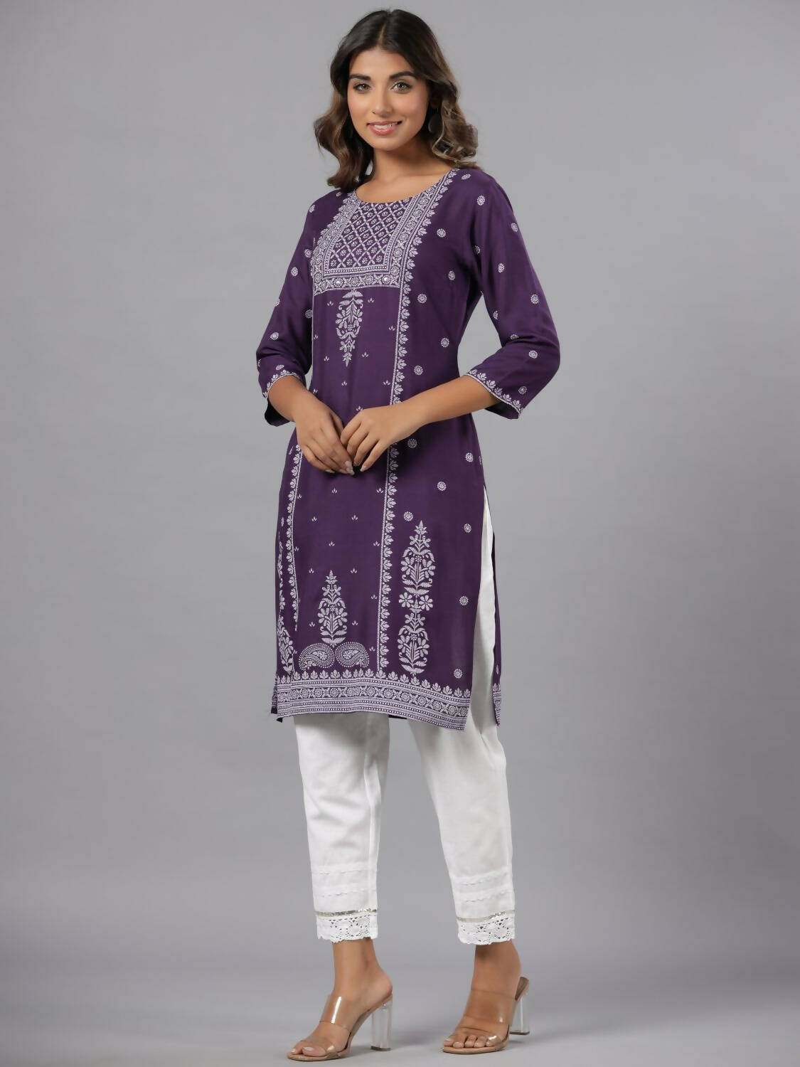 Juniper Women Purple Rayon Printed Knee Length Straight Kurta | Grocsy