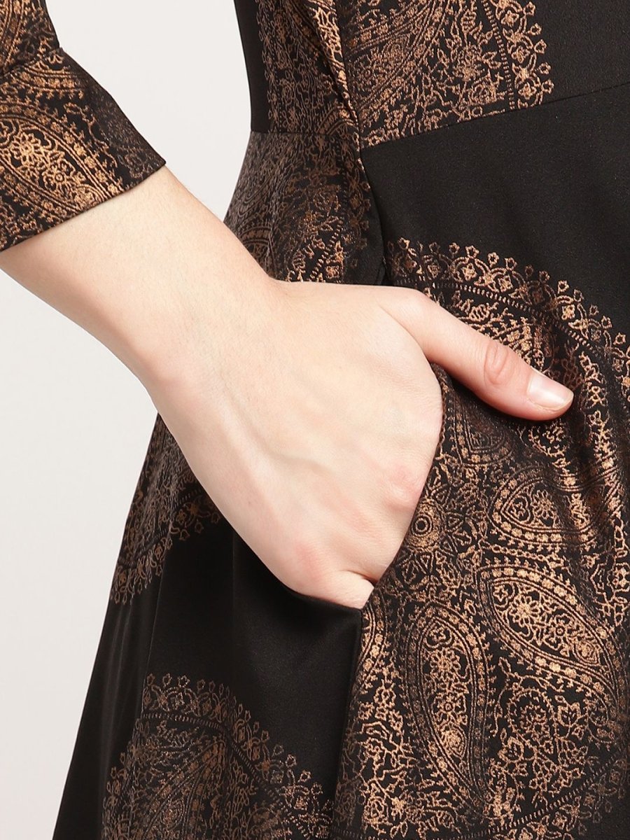 Ahalyaa Women Black Crepe Copper Foil Print Dress | Grocsy