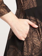 Ahalyaa Women Black Crepe Copper Foil Print Dress | Grocsy