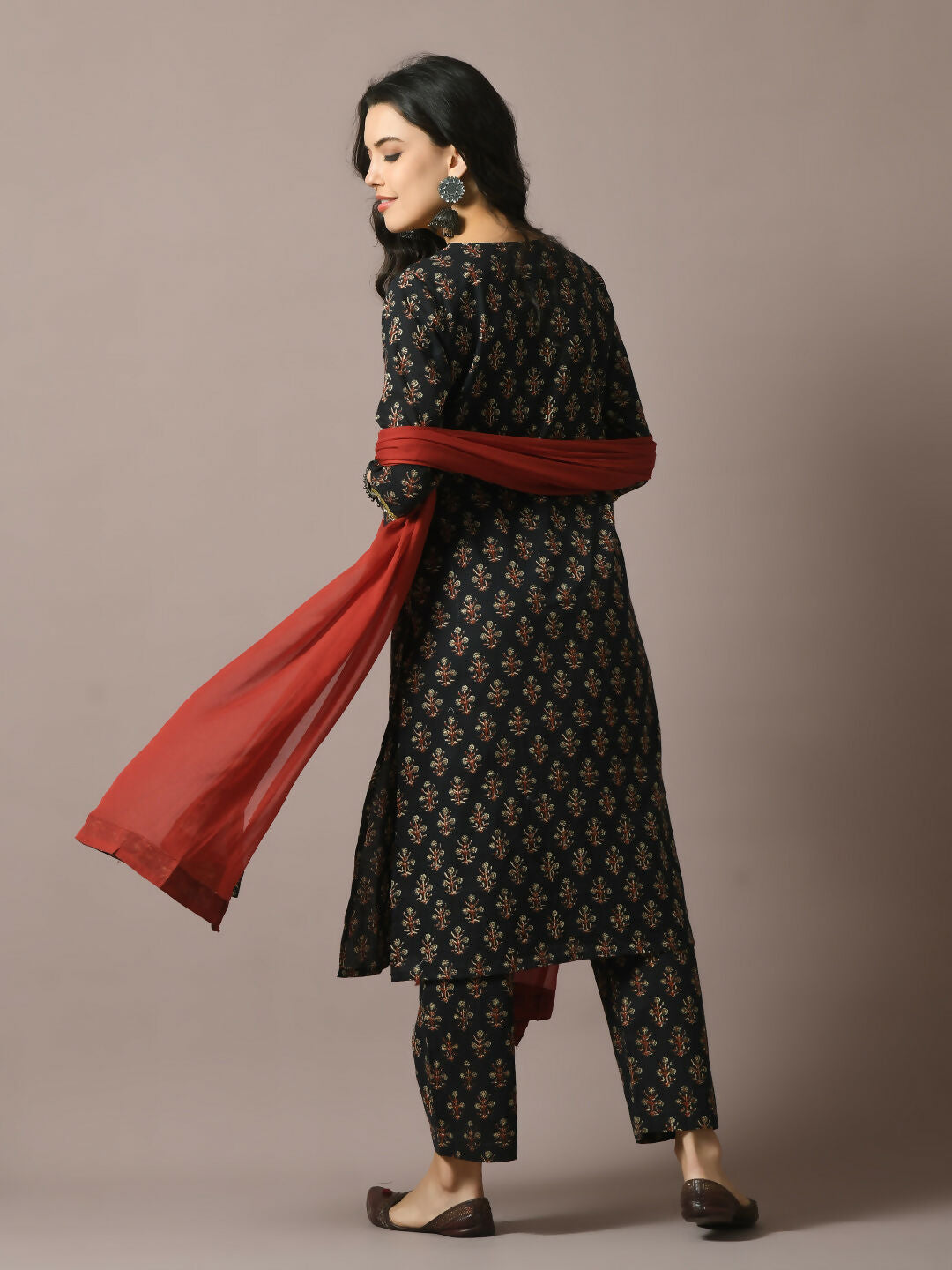 Myshka Women's Black Printed Cotton Straight Party Kurta Set With Dupatta | Grocsy