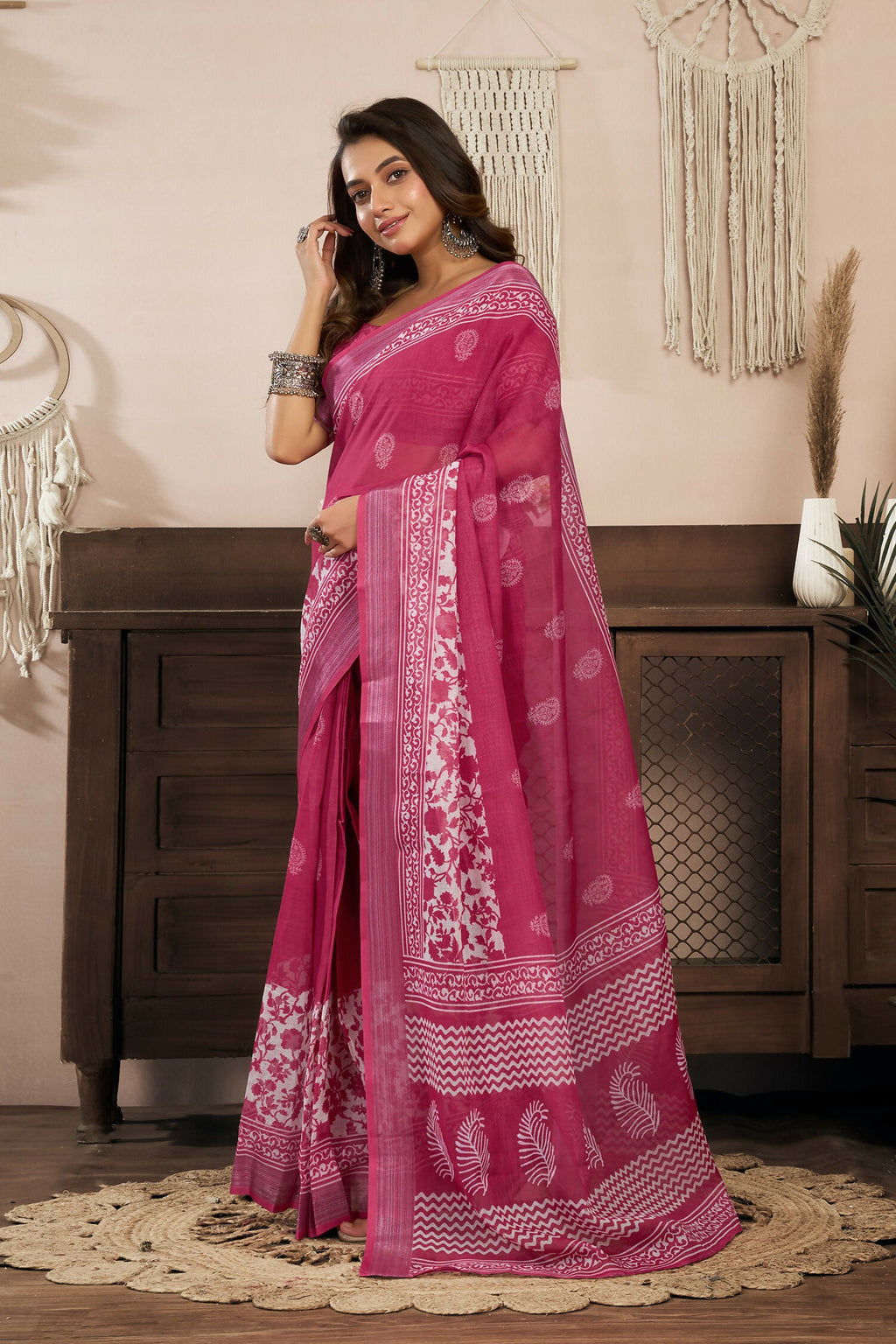 Joban Fashion Pink Floral Linen Ready To Wear Saree With Unstitched Blouse | Grocsy