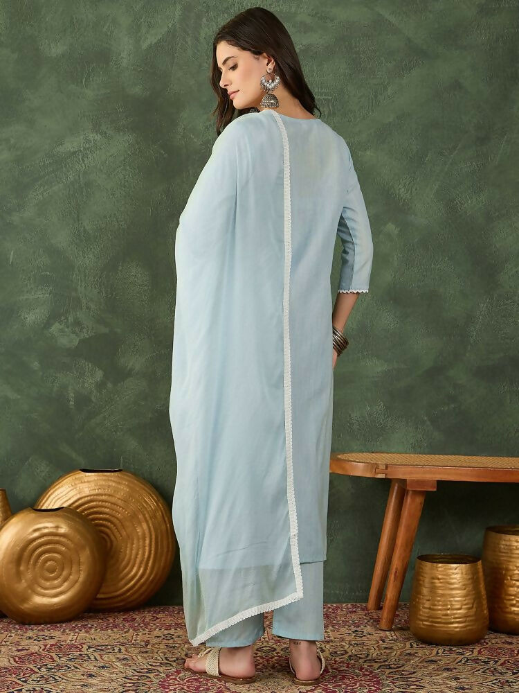 The52 Women's Beautiful Thread Work Cotton Blend Fabric Straight Kurta Pant and Dupatta Set | Grocsy