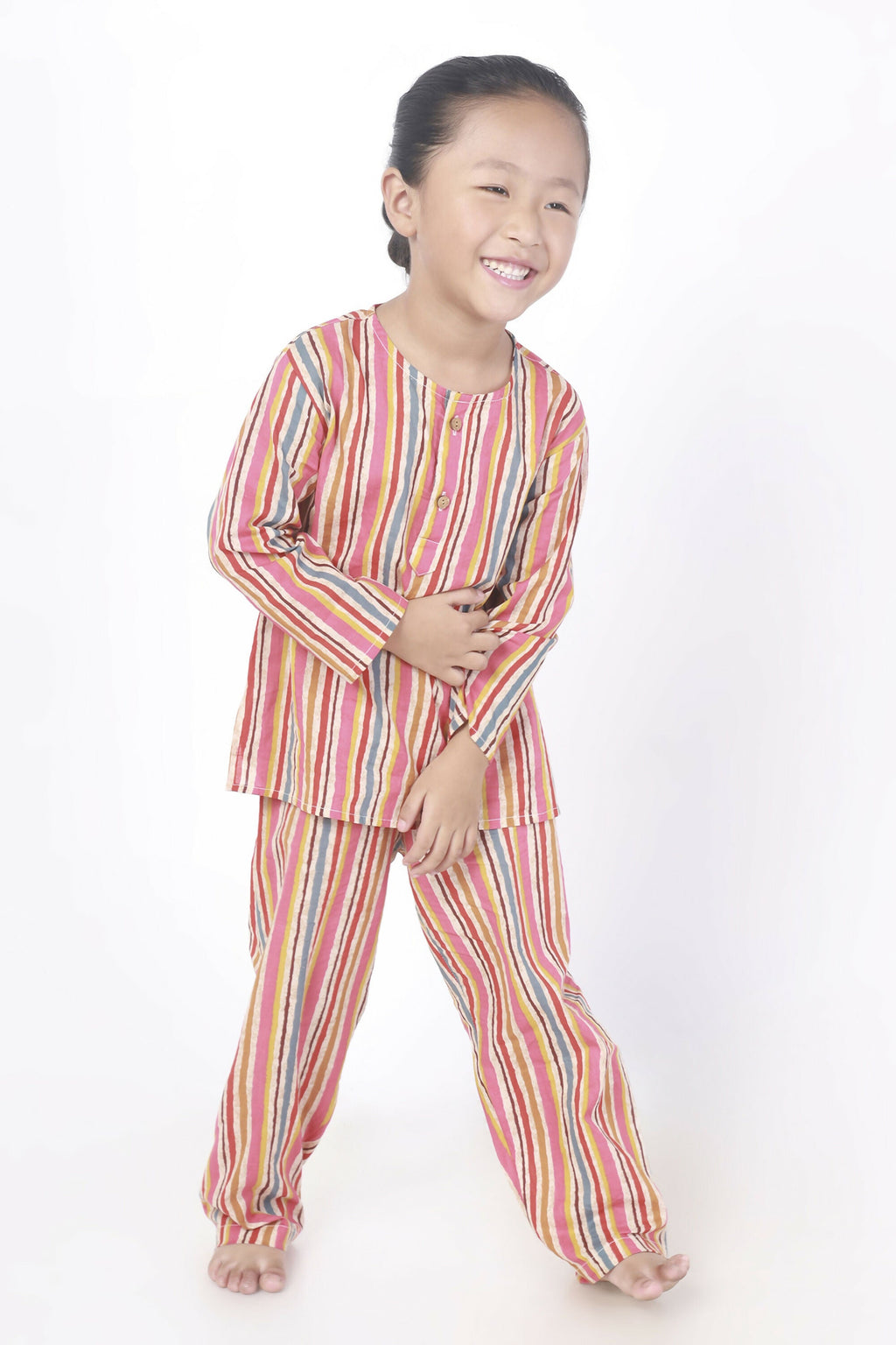 Breathables Kids Cotton Stripes Print Kurta Pyjama Night Suit - Multicolor | Grocsy