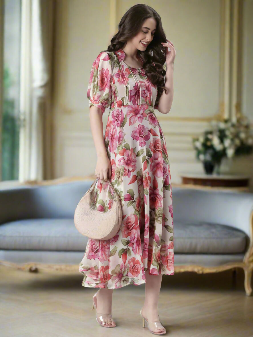 Souchii Cream Floral Chiffon Dress | Grocsy