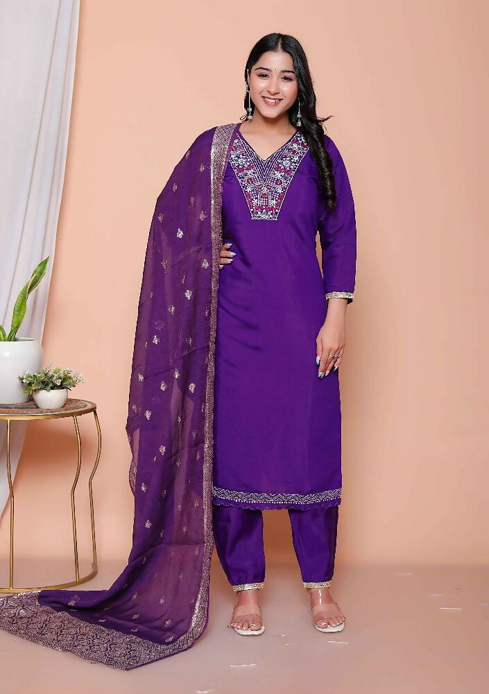 Miravan Womens Purple Muslin Straight Kurta And Palazzo With Dupatta Suit Set | Grocsy