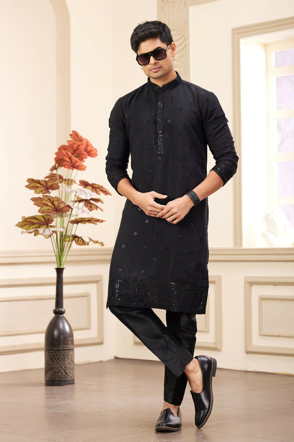 Raivat Ethnic Men's Art Silk Thread Work Kurta Pyjama In Black Colour | Grocsy