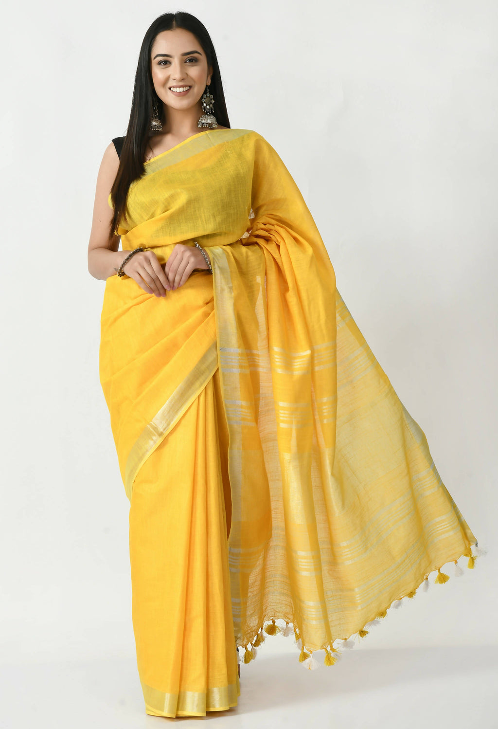 Mominos Fashion Moeza Yellow Bhagalpuri Handloom Silk Linen Saree with unstitched Blouse piece | Grocsy