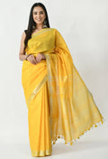 Mominos Fashion Moeza Yellow Bhagalpuri Handloom Silk Linen Saree with unstitched Blouse piece | Grocsy