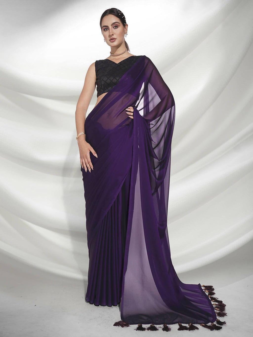 Purple Organza Solid Saree With Unstitched Blouse Piece - Shanaya | Grocsy