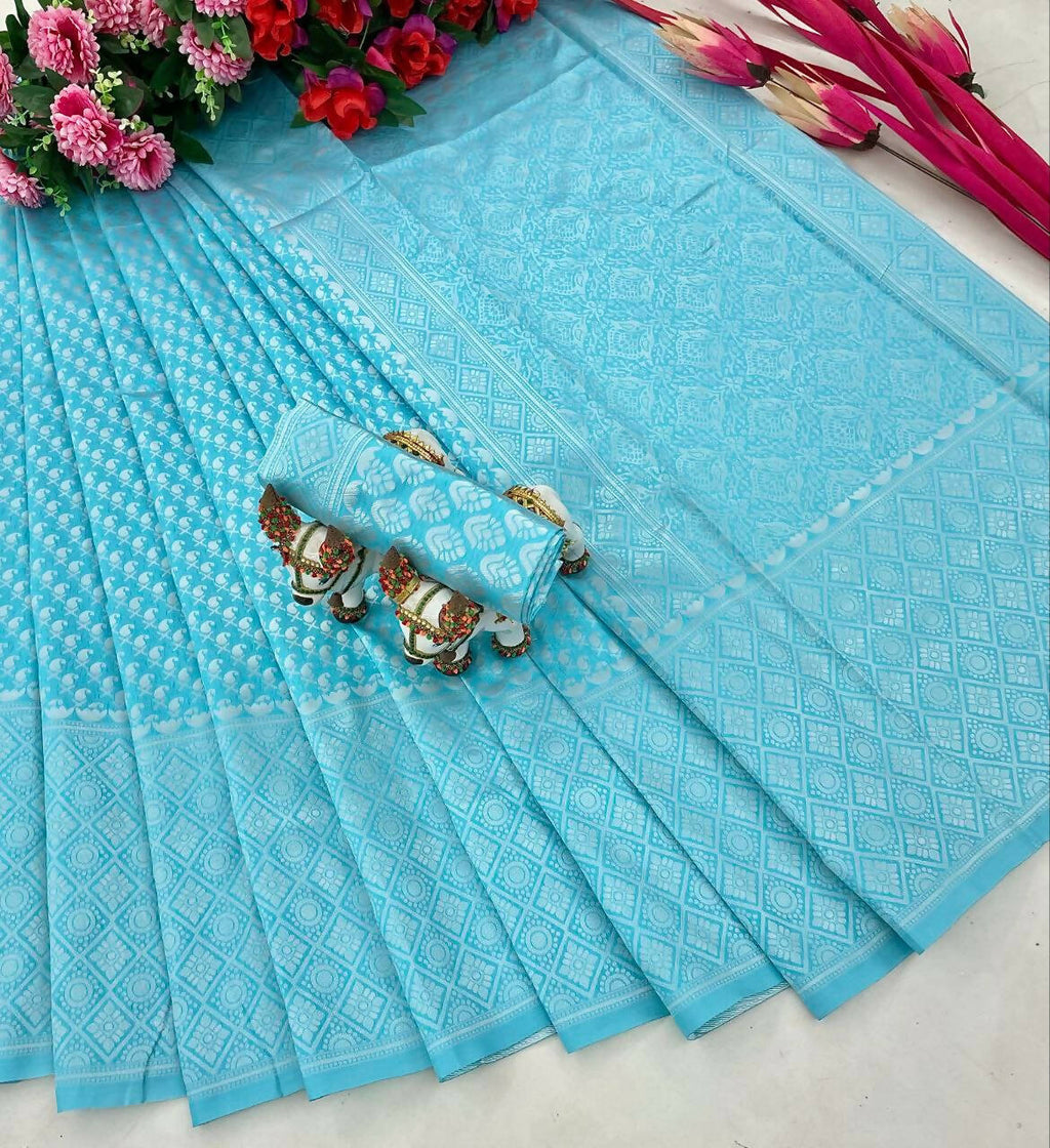 DEIANA'S Beautiful Designer Golden zari Soft Lichi Silk Saree - Sky | Grocsy