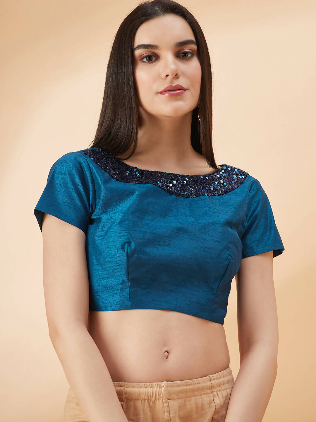 Peacock Blue Lycra Sequins Fabric. Frill Details, Handwork Buttis Saree - Norita Hit Design | Grocsy