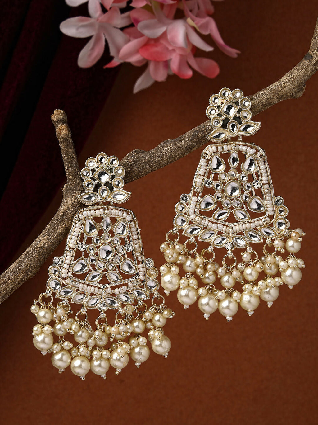NVR Women Gold-Polished Kundan Drop Earrings | Grocsy