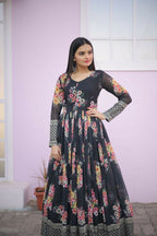 Jyoti Fashion Women's Black Digital Print with Sequence Zari Embroidered Faux Georgette Anarkali Dress | Grocsy