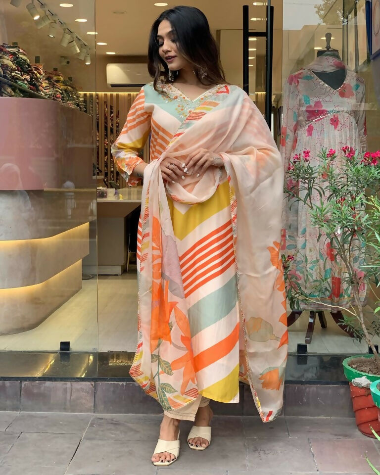 Partywear Designer Maslin Multi Stitched Suit With Dupatta - Tanisha | Grocsy