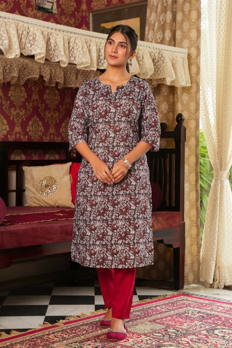 Aramya Straight Soft Cotton Floral Print Women's Kurta - Grey | Grocsy
