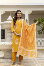 The52 Women's Beautiful Rayon Fabric Printed Work Straight Kurta Pant and Dupatta Set | Grocsy