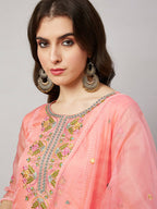Peach Organza Embroidered Kurta with Bottom & Dupatta - Salimar | Grocsy