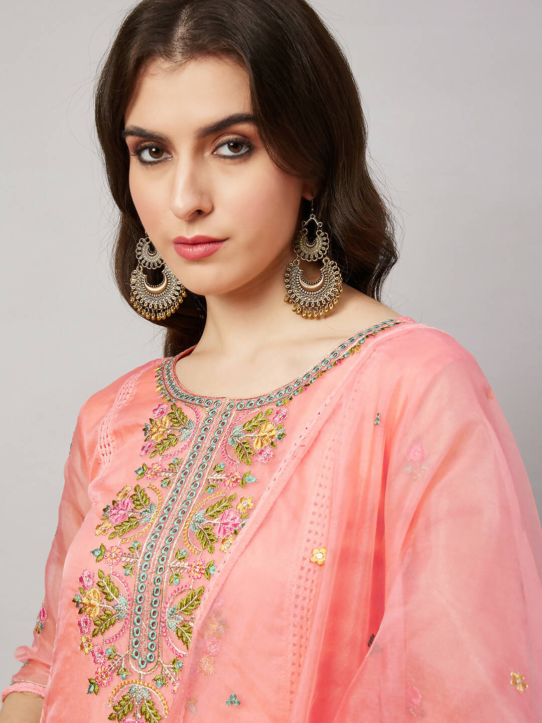 Peach Organza Embroidered Kurta with Bottom & Dupatta - Salimar | Grocsy