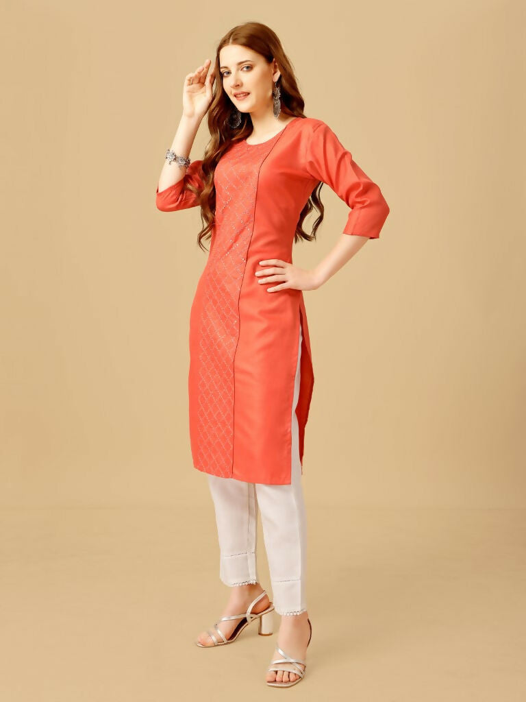 Jyoti Fashion Women's Coral Cotton Blend Embroidered Kurta Pant Set | Grocsy