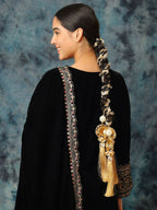 Ruby Raang Gold Gota Pati Work And Black Thread And Mirrors With Gold Stones & Pearls | Grocsy