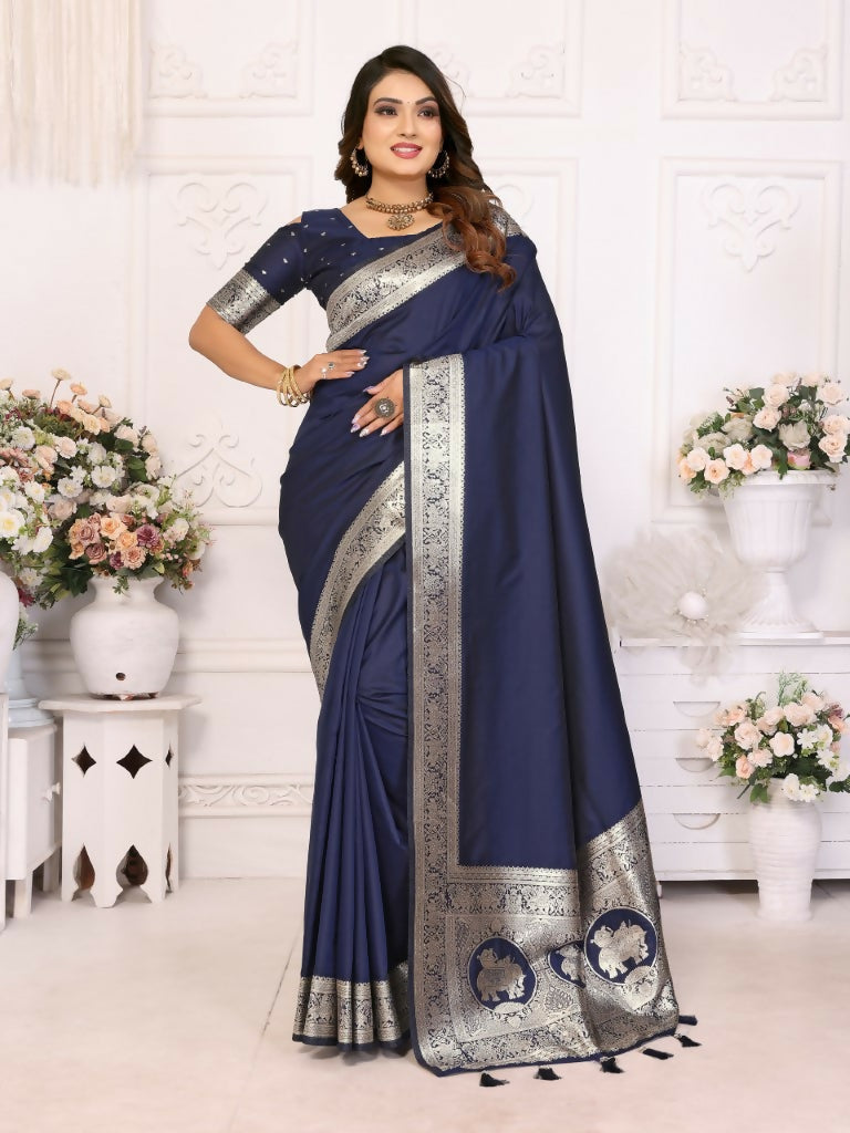Anaita Navy Blue Banarasi Silk With Beautiful Gala Weaving Saree With Blouse | Grocsy