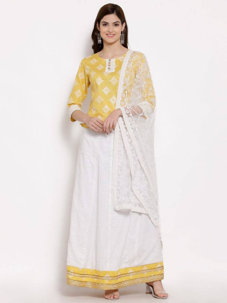 Myshka Women's Yellow Cotton 3/4 Sleeve Round Neck Printed Casual Lehenga Choli Set | Grocsy