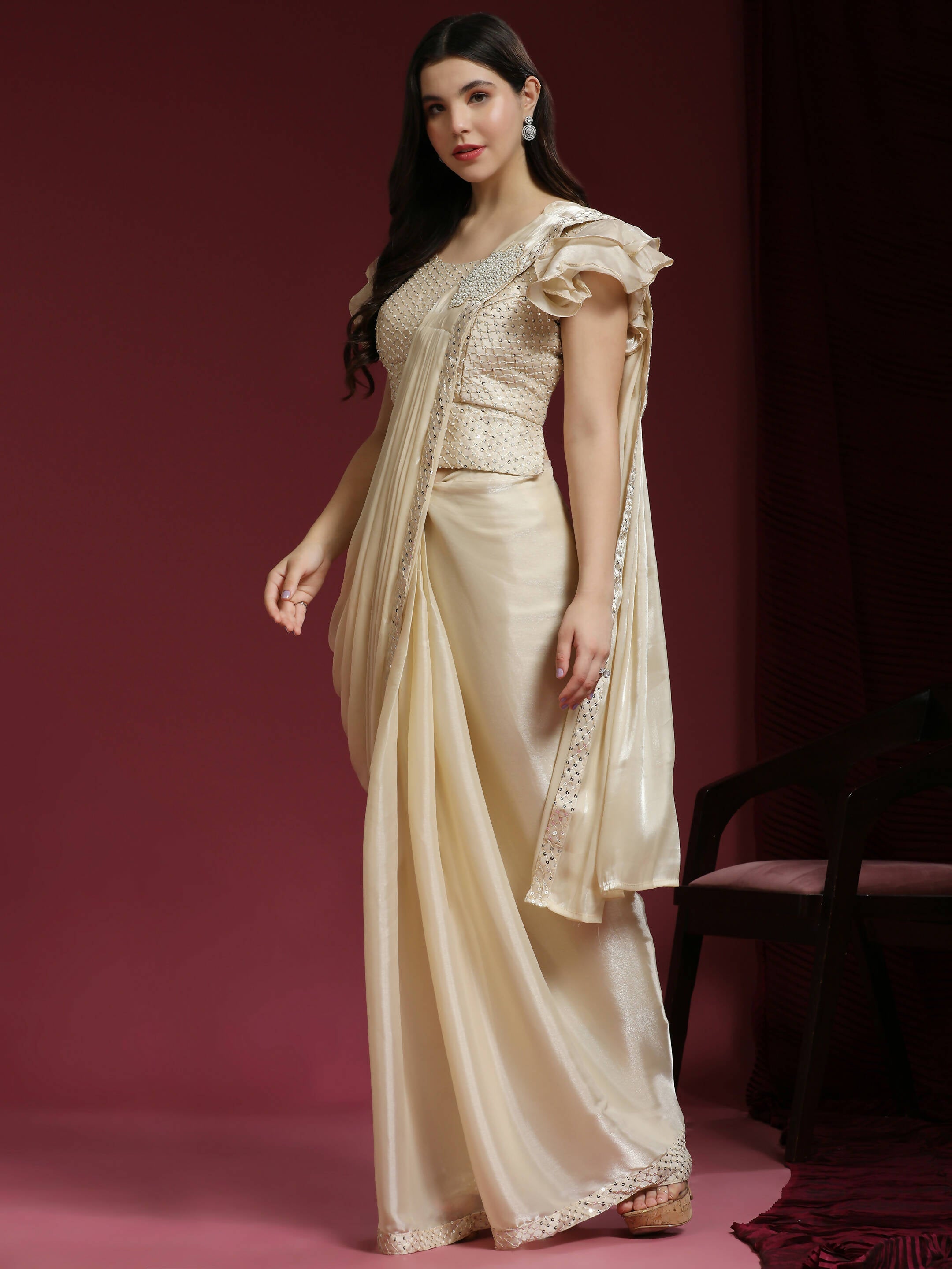 Beige Silk Satin Sequence Work Ready to Wear Saree with stitched Blouse - Nirvana | Grocsy