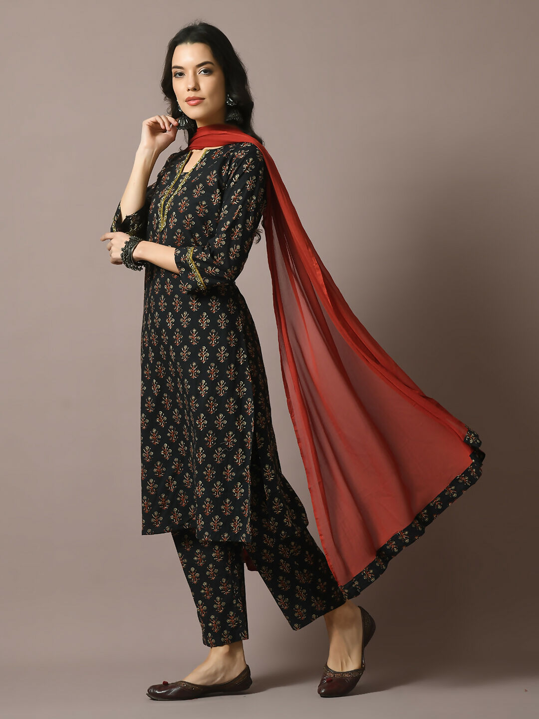 Myshka Women's Black Printed Cotton Straight Party Kurta Set With Dupatta | Grocsy