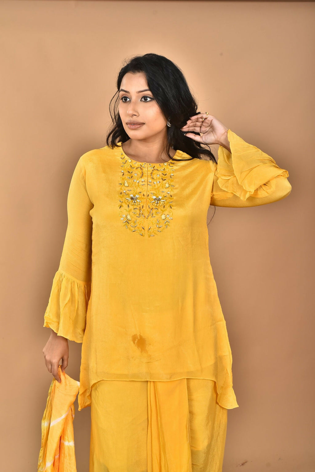 Morchari Women And Hand Embroidery Palazzo Set-Yellow | Grocsy