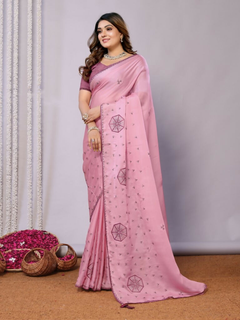 Pink Zari Organza Stone Work All Over Saree - Norita Saumya | Grocsy
