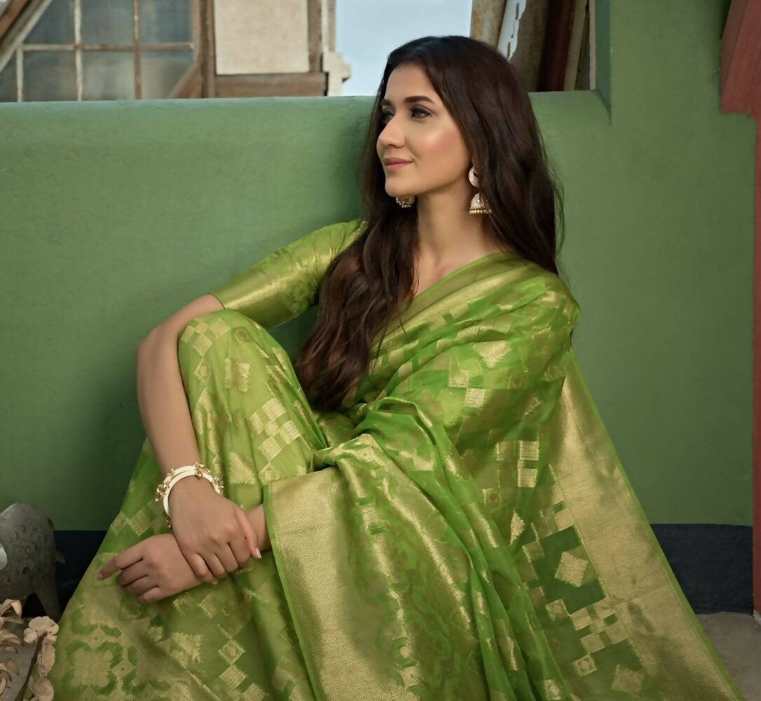 Glamorous Designer Parrot Green Color Organza Silk Saree With Weaving Work - Yomika Fashions | Grocsy