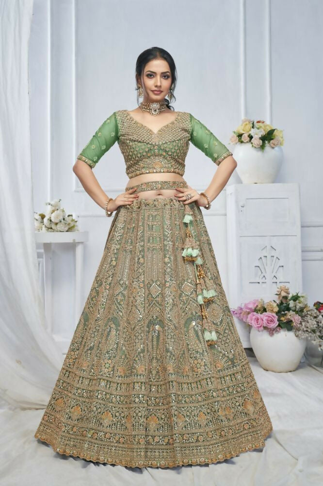 Kesar Fab Green Net Embroidered Lehenga | Grocsy