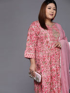 Sztori Plus Size Floral Printed Gotta Patti Cotton Straight Kurta & Trousers With Dupatta | Grocsy
