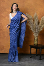 Very Much Indian Handblock Printed Cotton Saree With Natural Dyes - Indigo Blue | Grocsy