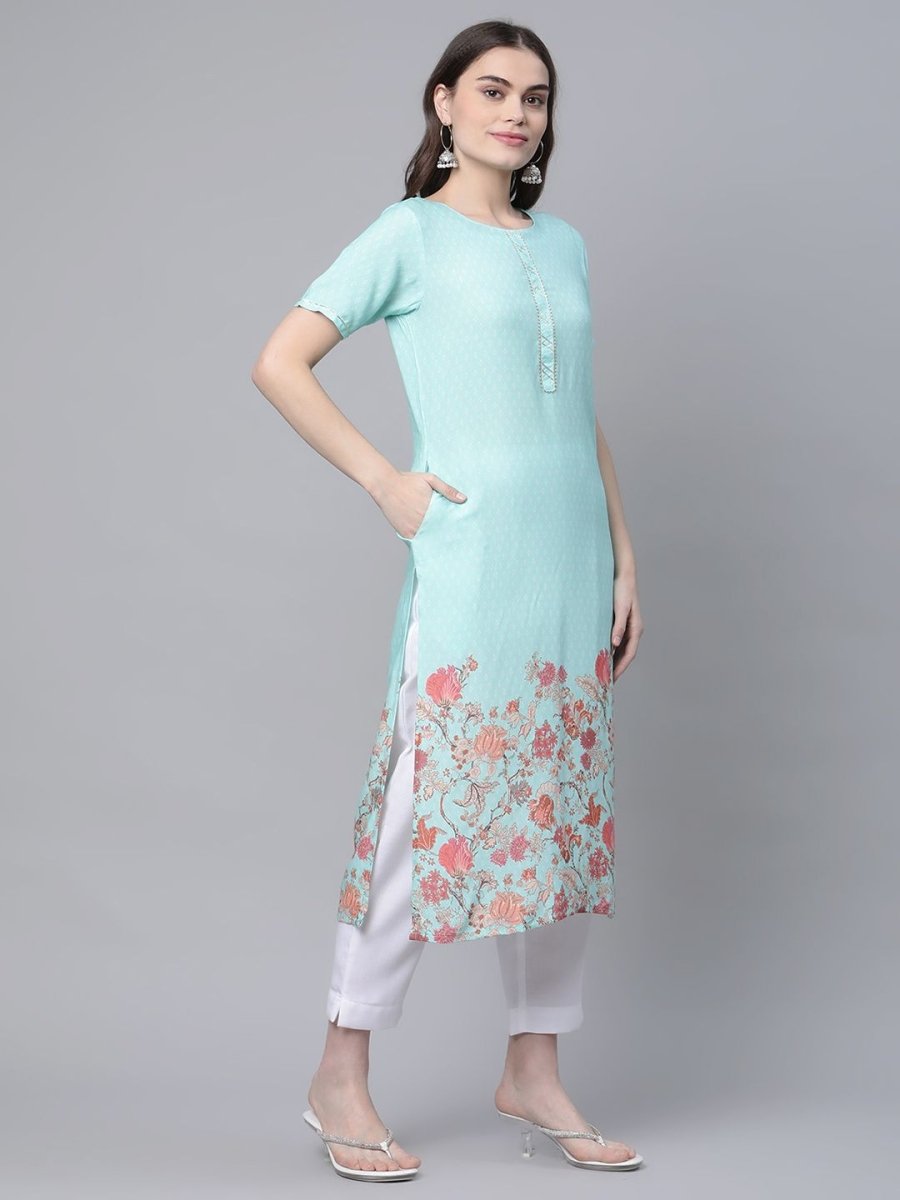 Ahalyaa Women Sky Blue Rayon Printed Kurta Pant Set | Grocsy