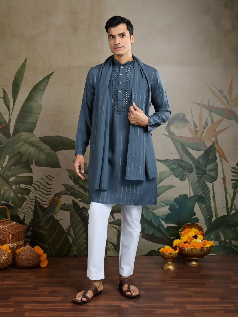 Vastranavya Blue Grey Exclusive Viscose Rayon Festival Wear Real Mirror Work Kurta with Dupatta | Grocsy