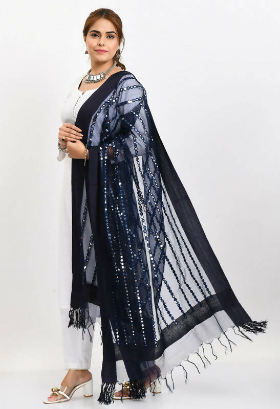 Mominos Fashion Moeza Women's Orgenza Mirror Stripe Thread Work Navy Blue Dupatta | Grocsy