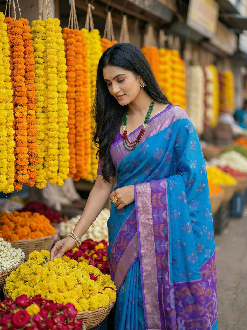Shree Shyam Fashion Blue Pochampally Silk Saree | Grocsy
