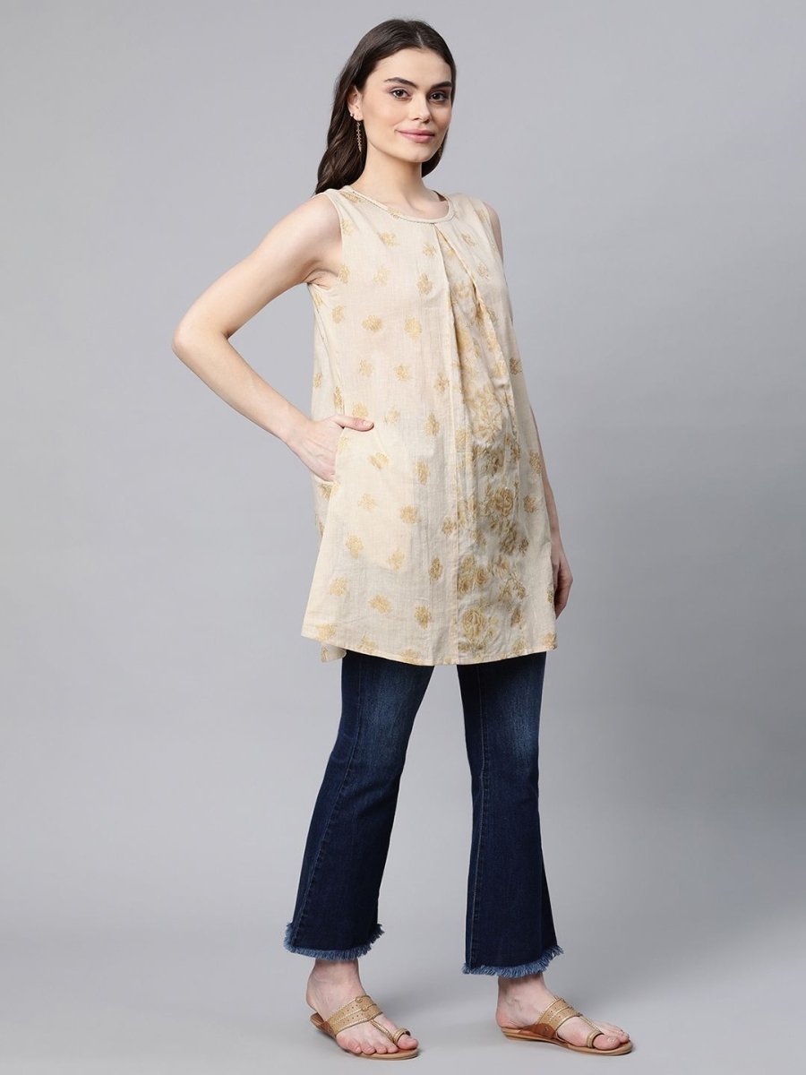 Ahalyaa Women Beige Pure Cotton Floral Printed Tunic | Grocsy