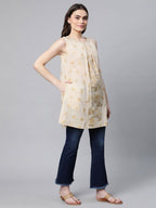 Ahalyaa Women Beige Pure Cotton Floral Printed Tunic | Grocsy