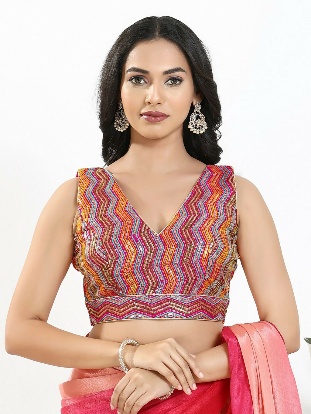 Joban Fashion Pink Multi Silk Padded Blouse With V Neck Sleeveless | Grocsy
