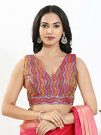 Joban Fashion Pink Multi Silk Padded Blouse With V Neck Sleeveless | Grocsy
